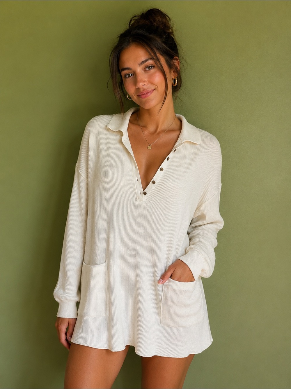 Cream Ribbed Knit Lounge Romper / Oversized Sweater Tunic